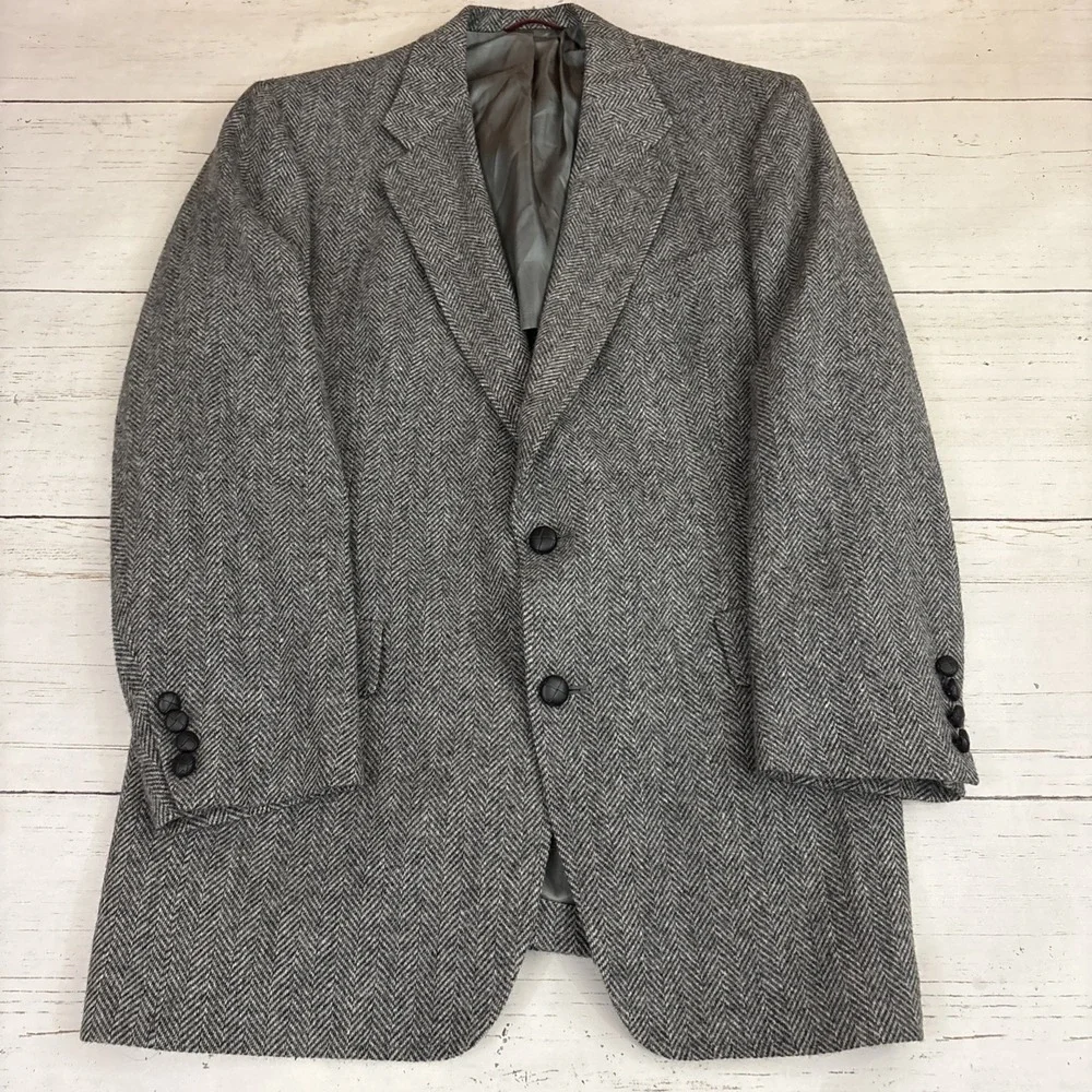 Hart Schaffner Marx Blazer Sport Coat Herringbone Mens Grey Wool Jacket 44L